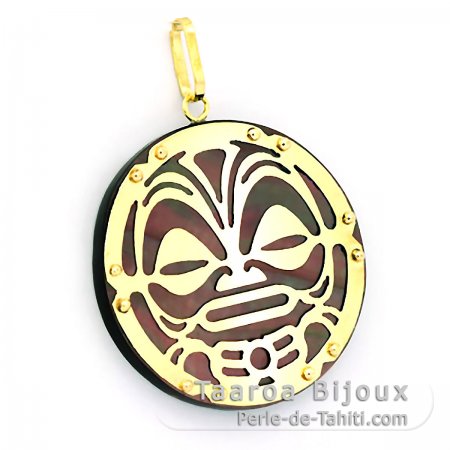 18K Gold and Tahitian Mother-of-Pearl Pendant - Diameter = 27 mm - Mana Tiki