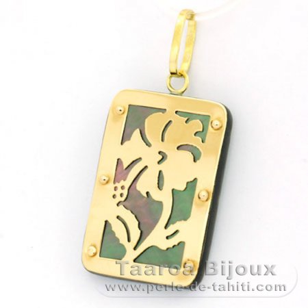 18K Gold and Tahitian Mother-of-Pearl Pendant - Dimensions = 24 X 16 mm - Hibiscus