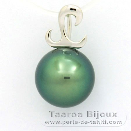 18K Solid White Gold Pendant and 1 Tahitian Pearl Round B+ 10.4 mm