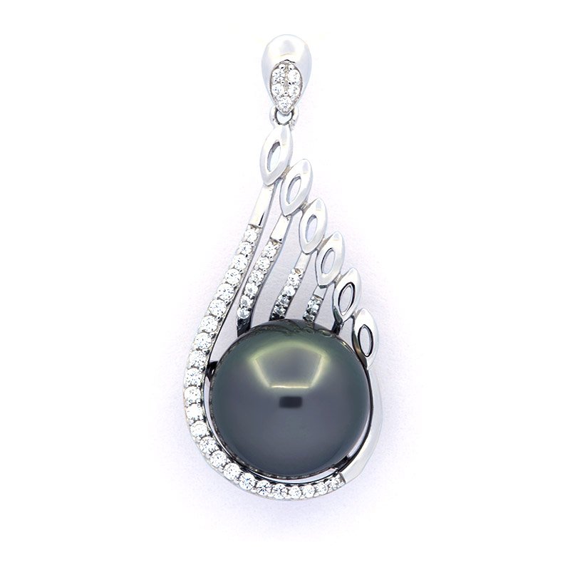 Rhodiated Sterling Silver Pendant and 1 Tahitian Pearl Near-Round C 12.5 mm  - Taaroa Bijoux - Mataiea, French Polynesia