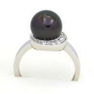 Rhodiated Sterling Silver Ring and 1 Tahitian Pearl Round B 9.3 mm