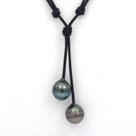 Leather Necklace and 2 Tahitian Pearls Ringed C 12.1 and 12.3 mm