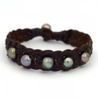 Leather Bracelet and 6 Tahitian Pearls Semi-Baroque C from 8.5 to 9.3 mm