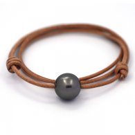 Leather Necklace and 1 Tahitian Pearl Round C 14 mm
