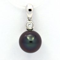 Rhodiated Sterling Silver Pendant and 1 Tahitian Pearl Round C 8.9 mm