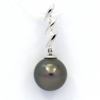 Rhodiated Sterling Silver Pendant and 1 Tahitian Pearl Round C 9.5 mm