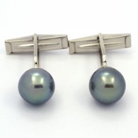 Rhodiated Sterling Silver Cufflinks and 2 Tahitian Pearls Round C 10.7 mm