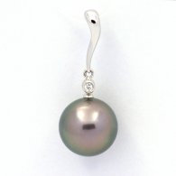 Rhodiated Sterling Silver Pendant and 1 Tahitian Pearl Round C 12.3 mm