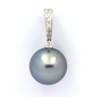 Rhodiated Sterling Silver Pendant and 1 Tahitian Pearl Round C 13.8 mm