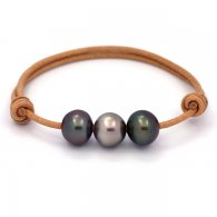 Leather Bracelet and 3 Tahitian Pearls Semi-Baroque B from 11 to 11.3 mm