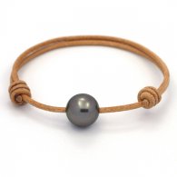 Leather Bracelet and 1 Tahitian Pearl Round C 12.3 mm