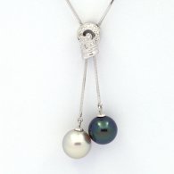 Rhodiated Sterling Silver Necklace and 2 Tahitian Pearls Round C+ 10.8 and 10.9 mm