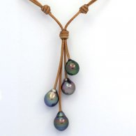 Leather Necklace and 4 Tahitian Pearls Semi-Baroque B+ from 10.1 to 10.5 mm