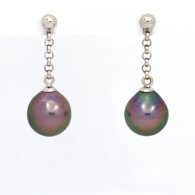 Rhodiated Sterling Silver Earrings and 2 Tahitian Pearls Semi-Baroque B 9.1 mm
