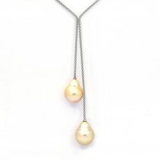 Rhodiated Sterling Silver Necklace and 2 Tahitian Pearls Semi-Baroque C 13.9 mm