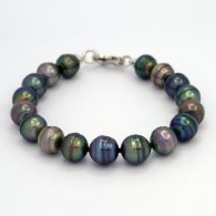 Rhodiated Sterling Silver Bracelet and 17 Tahitian Pearls Ringed C from 10 to 10.4 mm