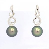 Rhodiated Sterling Silver Earrings and 2 Tahitian Pearls Round C 10.6 mm