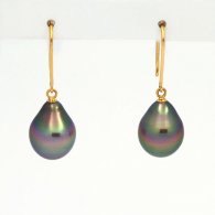 18K solid Gold Earrings and 2 Tahitian Pearls Semi-Baroque B 9.1 mm