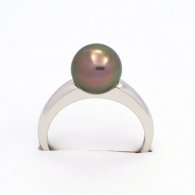 Rhodiated Sterling Silver Ring and 1 Tahitian Pearl Round B 9.1 mm