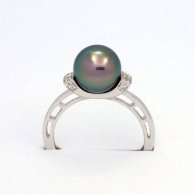 Rhodiated Sterling Silver Ring and 1 Tahitian Pearl Round B 8.8 mm