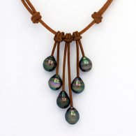 Leather Necklace and 6 Tahitian Pearls Ringed C from 9.3 to 10 mm