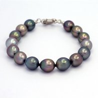 Rhodiated Sterling Silver Bracelet and 15 Tahitian Pearls Semi-Baroque B from 9 to 9.4 mm
