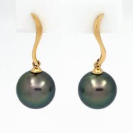 18K solid Gold Earrings and 2 Tahitian Pearls Round B 10.4 mm