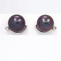 Rhodiated Sterling Silver Earrings and 2 Tahitian Pearls Round C 10.2 mm