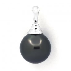 Rhodiated Sterling Silver Pendant and 1 Tahitian Pearl Round C 12.7 mm