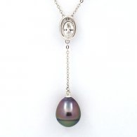 Rhodiated Sterling Silver Necklace and 1 Tahitian Pearl Semi-Baroque B 10.3 mm