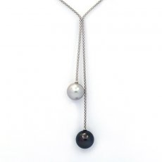 Rhodiated Sterling Silver Necklace and 2 Tahitian Pearls Round C 11.6 and 12.2 mm