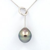 Rhodiated Sterling Silver Necklace and 1 Tahitian Pearl Semi-Baroque B 11.1 mm