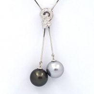 Rhodiated Sterling Silver Necklace and 2 Tahitian Pearls Round C+ 11.5 and 11.8 mm