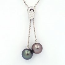 Rhodiated Sterling Silver Necklace and 2 Tahitian Pearls Round C 11.6 and 11.7 mm