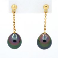 18K solid Gold Earrings and 2 Tahitian Pearls Semi-Baroque B 8.1 mm