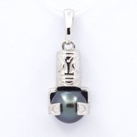 Rhodiated Sterling Silver Pendant and 1 Tahitian Pearl Round C 8.9 mm