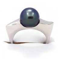 Rhodiated Sterling Silver Ring and 1 Tahitian Pearl Round B+ 9.3 mm