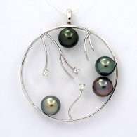 Rhodiated Sterling Silver Pendant and 4 Tahitian Pearls Round C 8.2 to 8.4 mm