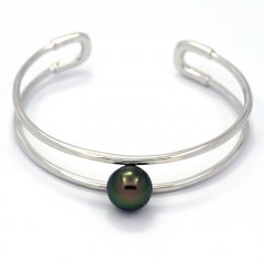Rhodiated Sterling Silver Bracelet and 1 Tahitian Pearl Round C+ 10.5 mm