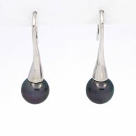 Rhodiated Sterling Silver Earrings and 2 Tahitian Pearls Round C 9 mm
