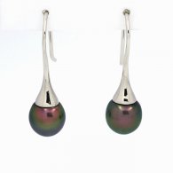 Rhodiated Sterling Silver Earrings and 2 Tahitian Pearls Semi-Baroque A 9.3 mm