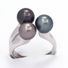 Rhodiated Sterling Silver Ring and 3 Tahitian Pearls Round C from 8 to 8.1 mm