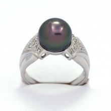 Rhodiated Sterling Silver Ring and 1 Tahitian Pearl Round C 9.6 mm
