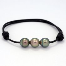 Leather Bracelet and 3 Tahitian Pearls Semi-Baroque B  8.8 to 8.9 mm