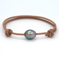 Leather Bracelet and 1 Tahitian Pearl Ringed C 10.1 mm