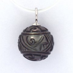 Rhodiated Sterling Silver Pendant and 1 Engraved Tahitian Pearl 11.2 mm