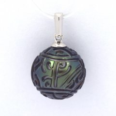 Rhodiated Sterling Silver Pendant and 1 Engraved Tahitian Pearl 12.1 mm