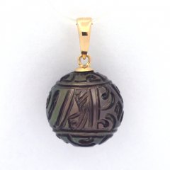 18K solid Gold Pendant and 1 Engraved Tahitian Pearl 12 mm