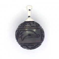 Rhodiated Sterling Silver Pendant and 1 Engraved Tahitian Pearl 12.2 mm