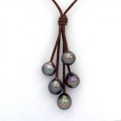 Leather Necklace and 5 Tahitian Pearls Semi-Baroque B/C  10 to 10.3 mm